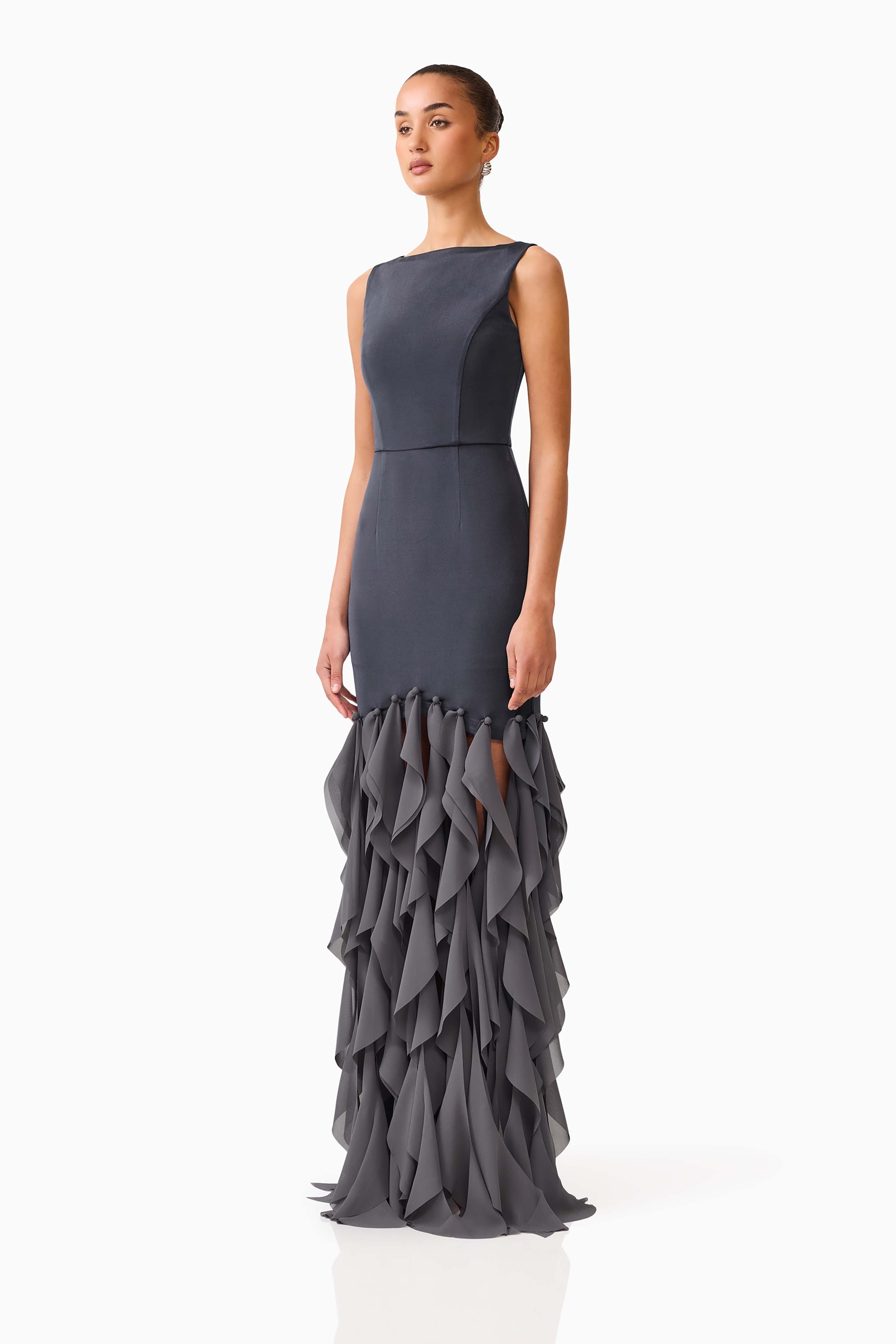 MARISON RUFFLED FRINGE GOWN - CHARCOAL