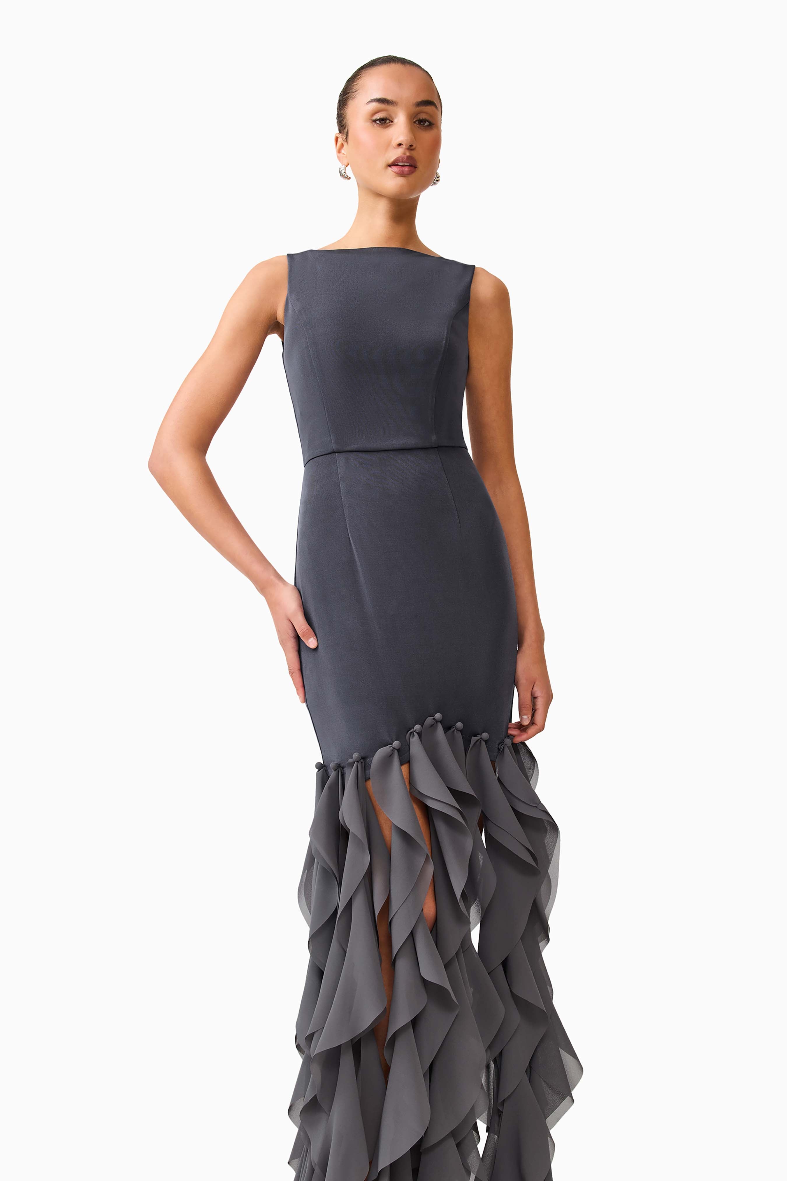 MARISON RUFFLED FRINGE GOWN - CHARCOAL