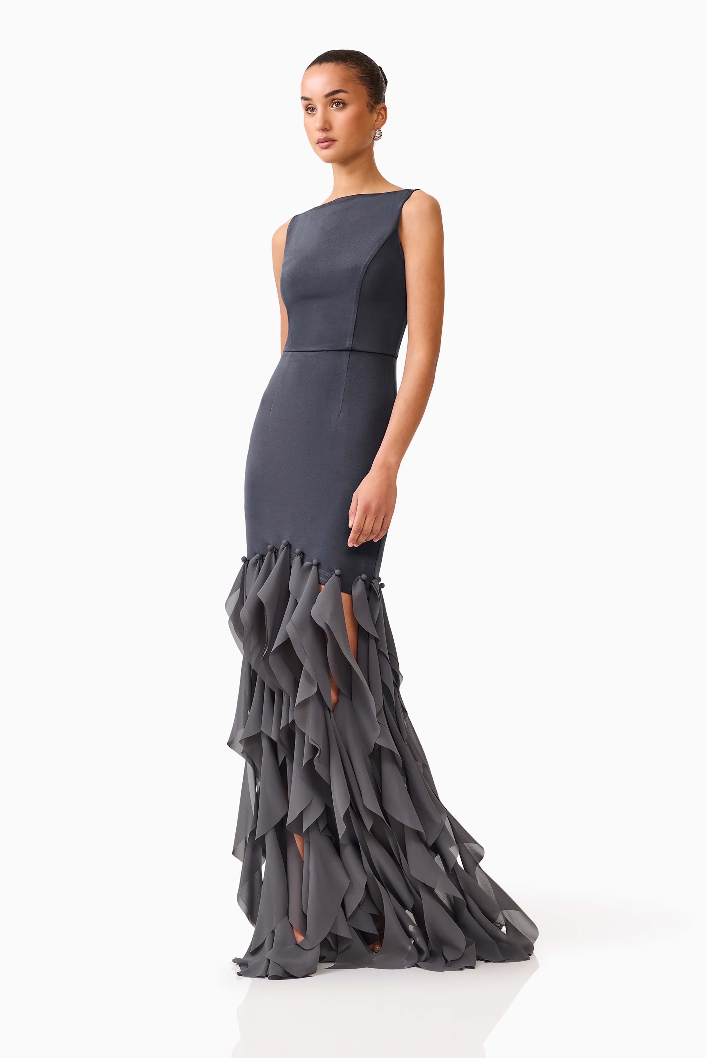 MARISON RUFFLED FRINGE GOWN - CHARCOAL