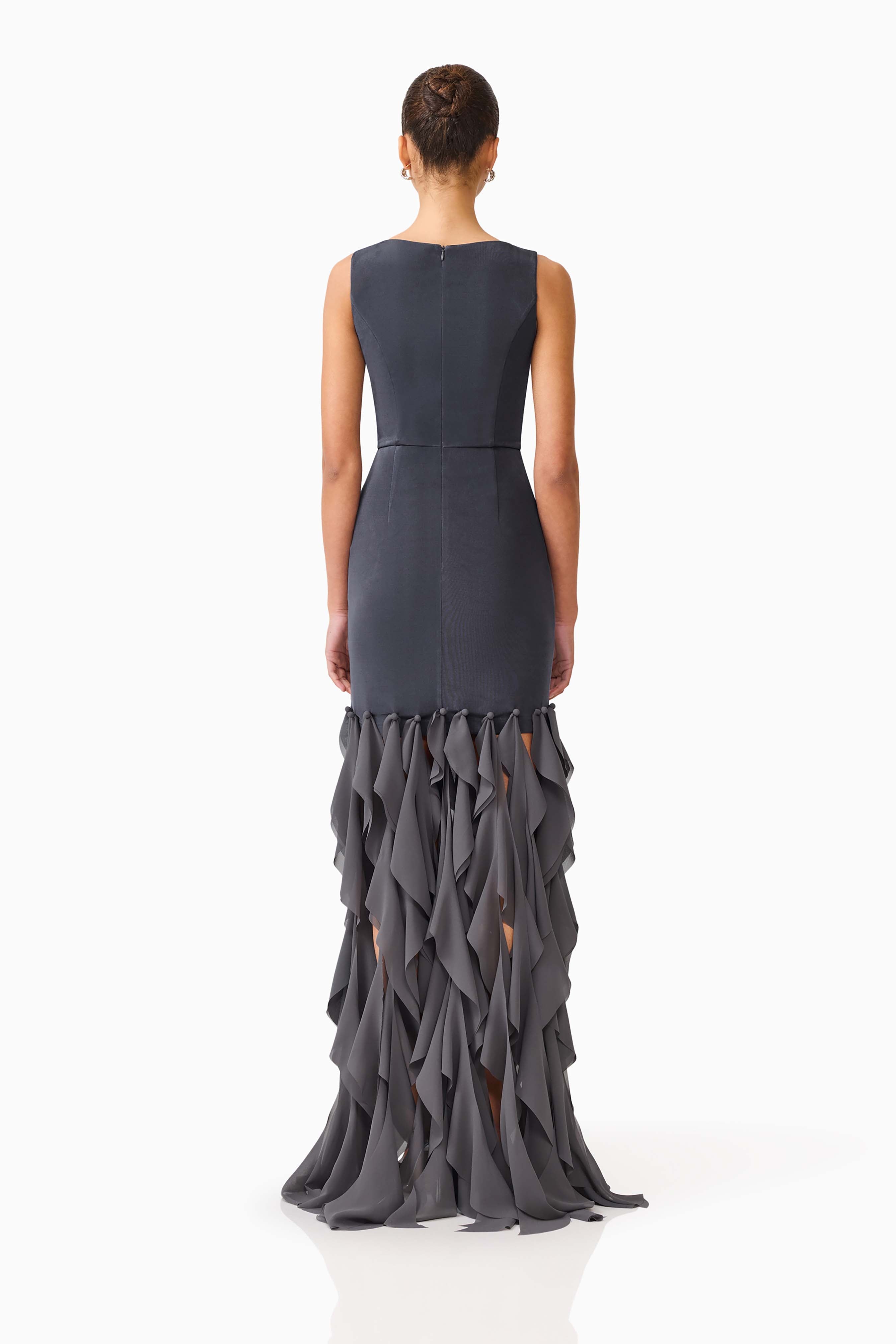 MARISON RUFFLED FRINGE GOWN - CHARCOAL