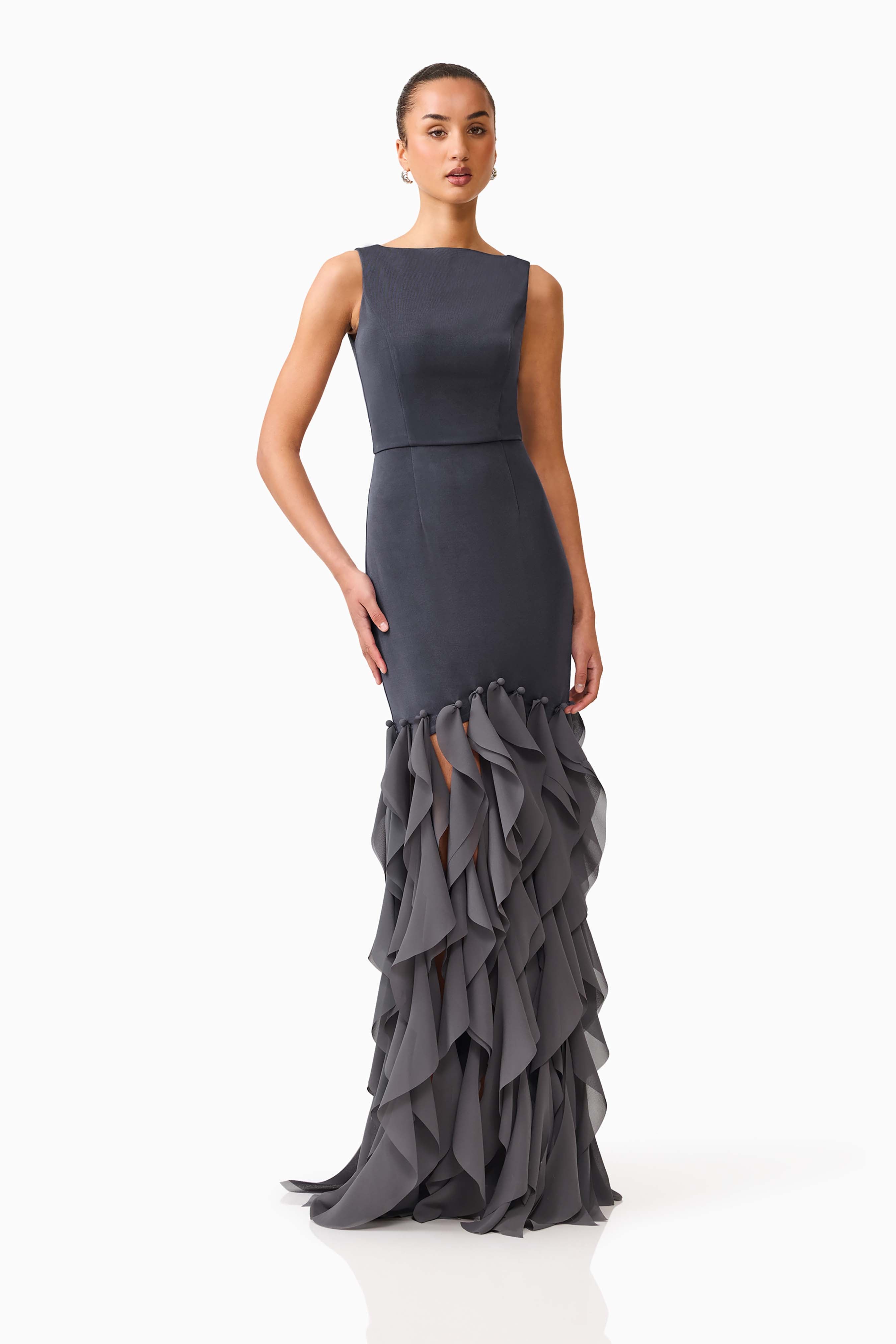 MARISON RUFFLED FRINGE GOWN - CHARCOAL