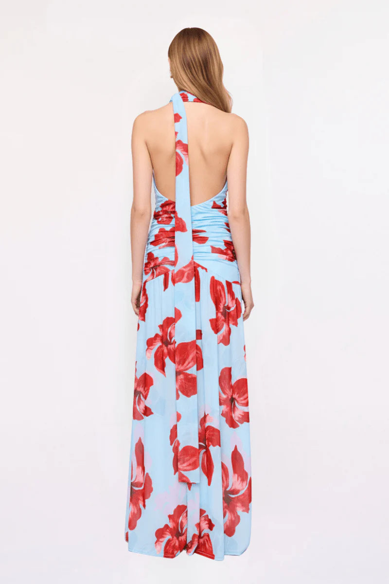 CHLOE FLORAL HALTER MESH MAXI DRESS