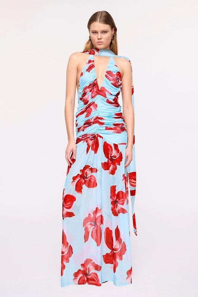 CHLOE FLORAL HALTER MESH MAXI DRESS