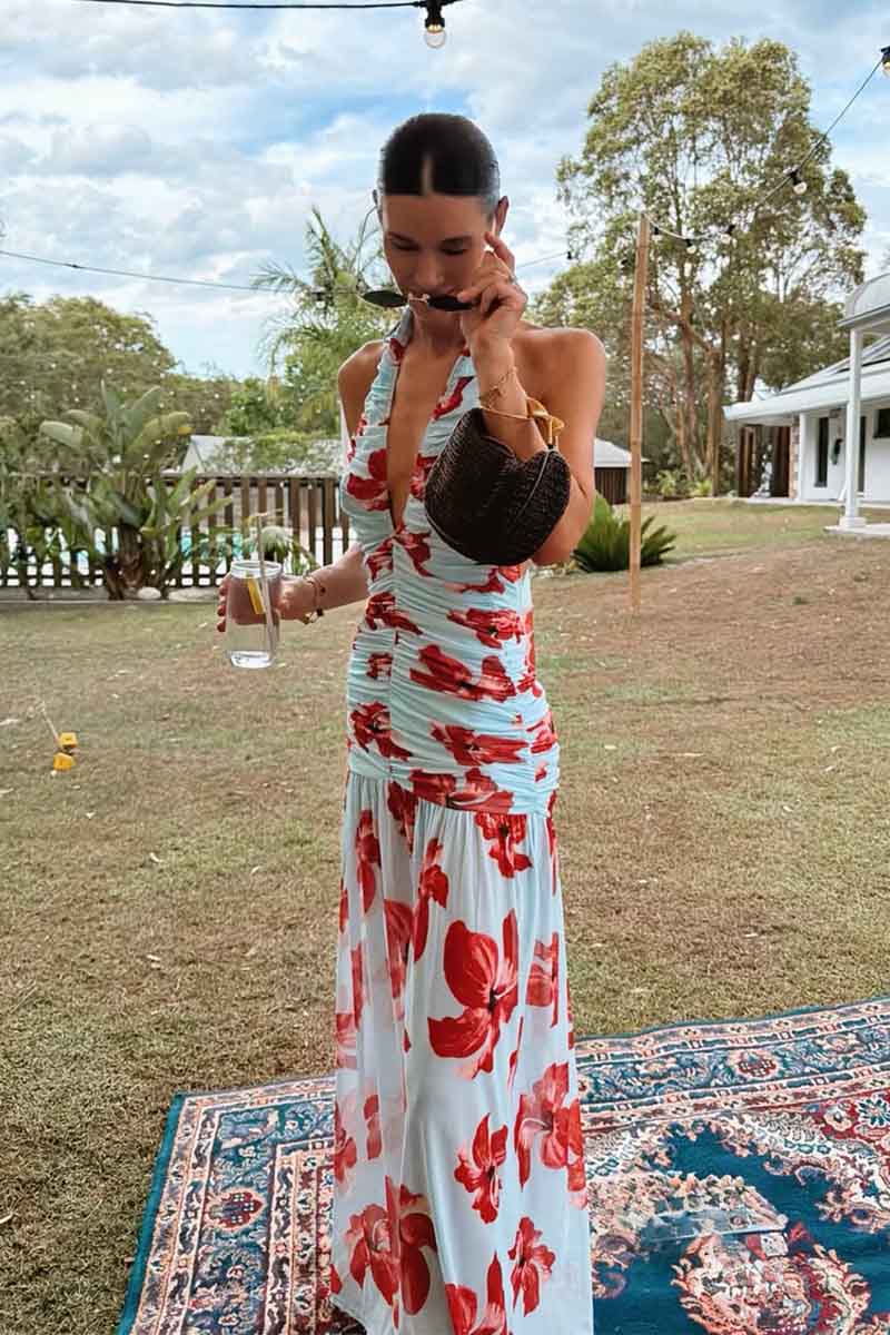 CHLOE FLORAL HALTER MESH MAXI DRESS