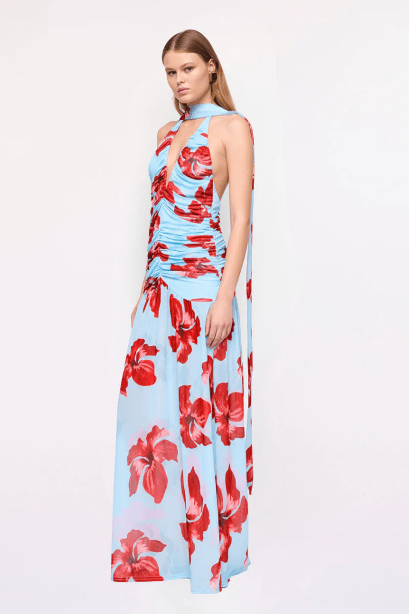 CHLOE FLORAL HALTER MESH MAXI DRESS