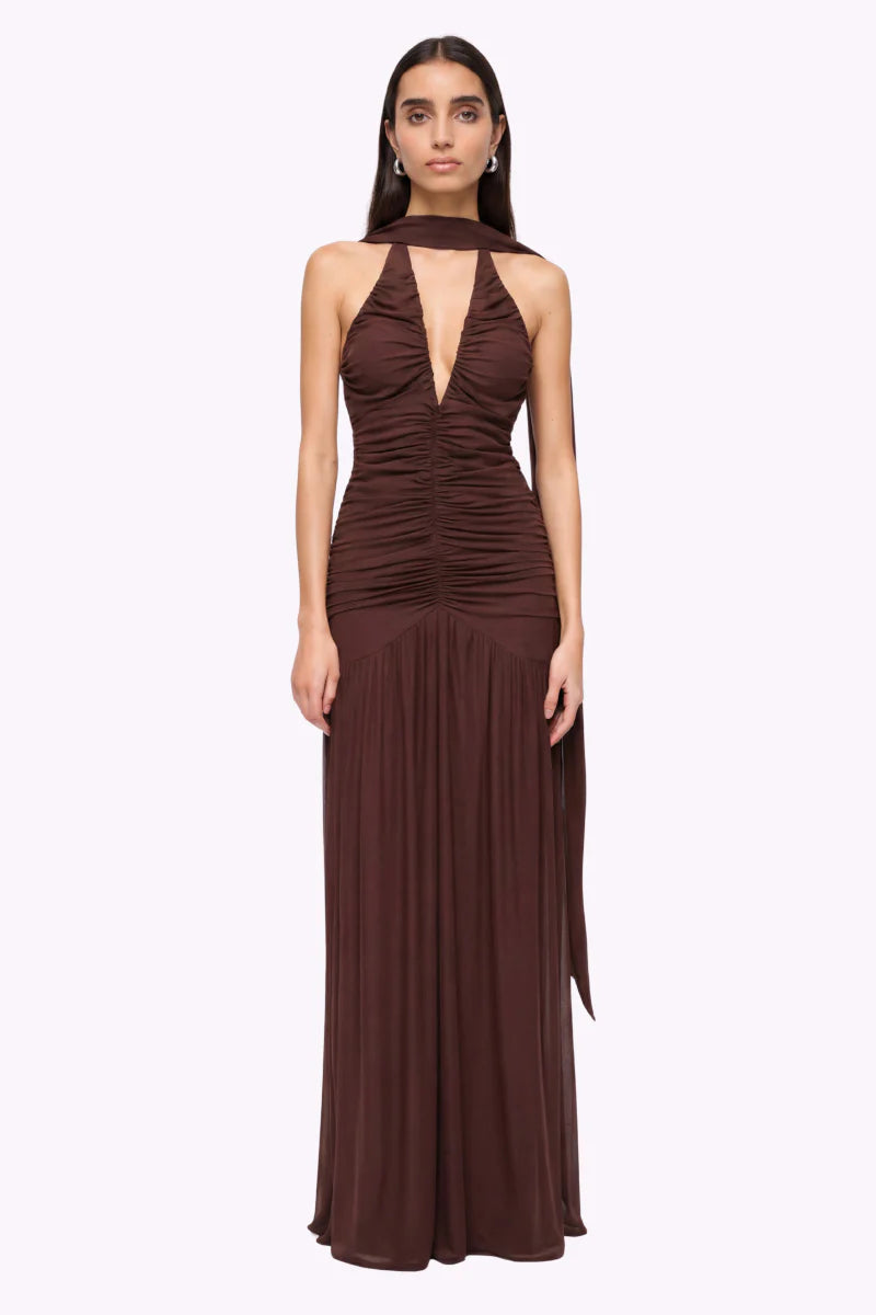 CHLOE HALTER MESH PLUNGE MAXI DRESS