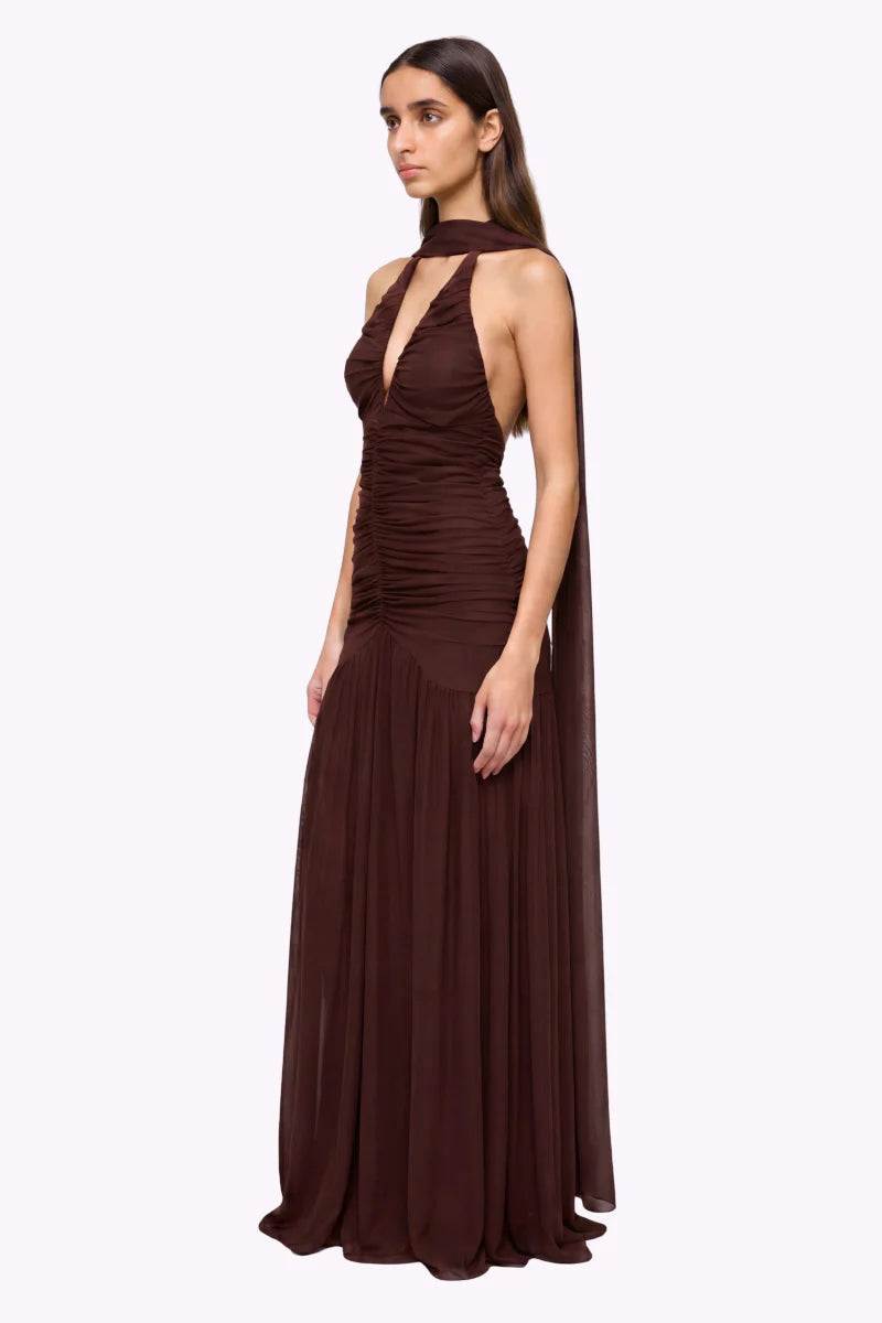 CHLOE HALTER MESH PLUNGE MAXI DRESS