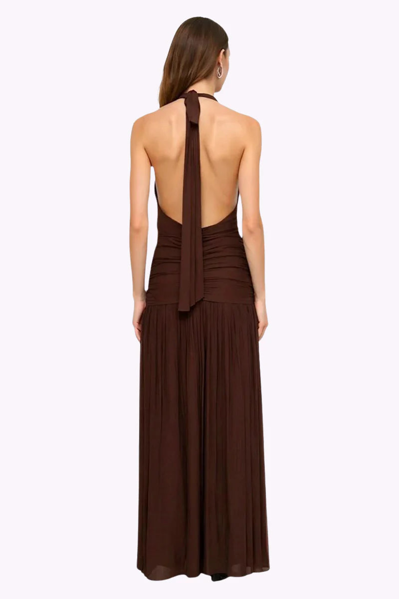 CHLOE HALTER MESH PLUNGE MAXI DRESS