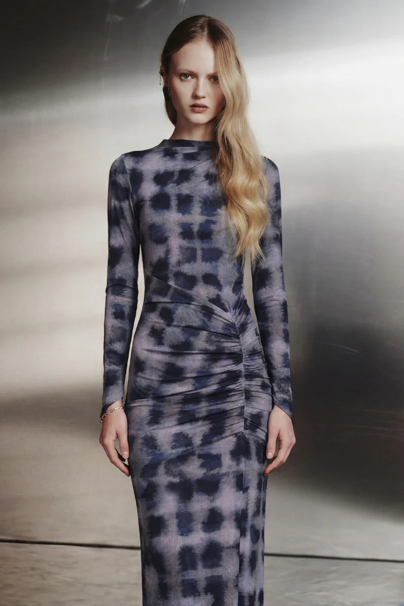 SHIBORI LONG SLEEVE RUCHED MAXI